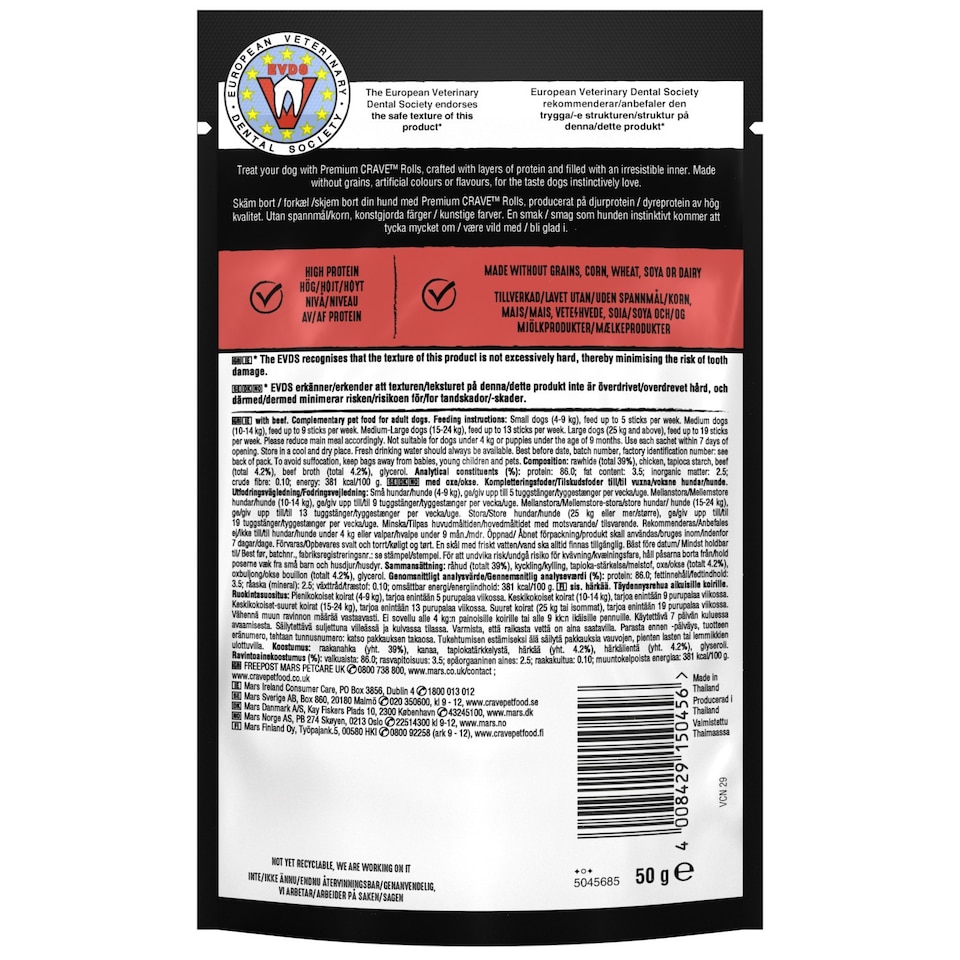 image 1 of 8 x 50g Crave Natural Grain Free Meaty Rolls Adult Dog Treats Beef Dog Chews