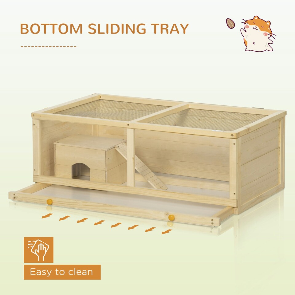 image 1 of PawHut Wooden Hamster Cage w/ Sliding Tray, Openable Top, Hut, Natural Wood