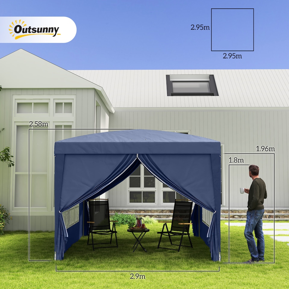 image 1 of Outsunny 3 x 3 m Garden Pop Up Gazebo, Wedding Party Tent Marquee, Water Resistant Awning Canopy with Sidewalls, Windows, Carry Bag, Blue