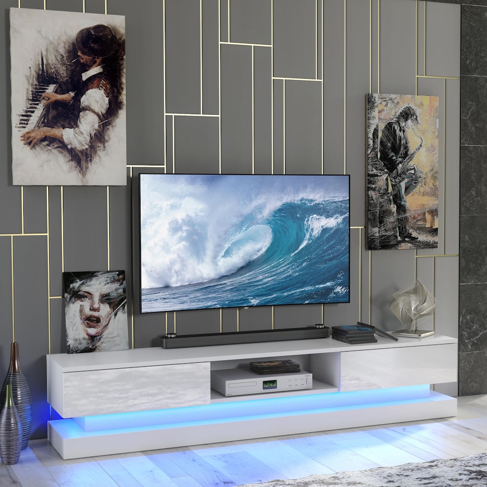 image 1 of TV Unit TV Stand Media Cabinet Sideboard Grey High Gloss Doors LED 180cm