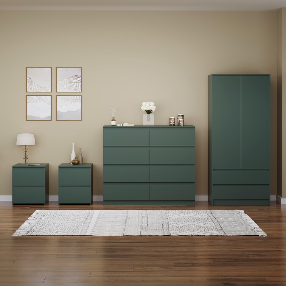 image 1 of Vida Designs Denver 4 Piece Bedroom Set (2 Drawer Large Bedside Chest, 8 Drawer Chest, 2 Door 2 Drawer Wardrobe), Green | Green | Green | L | 4