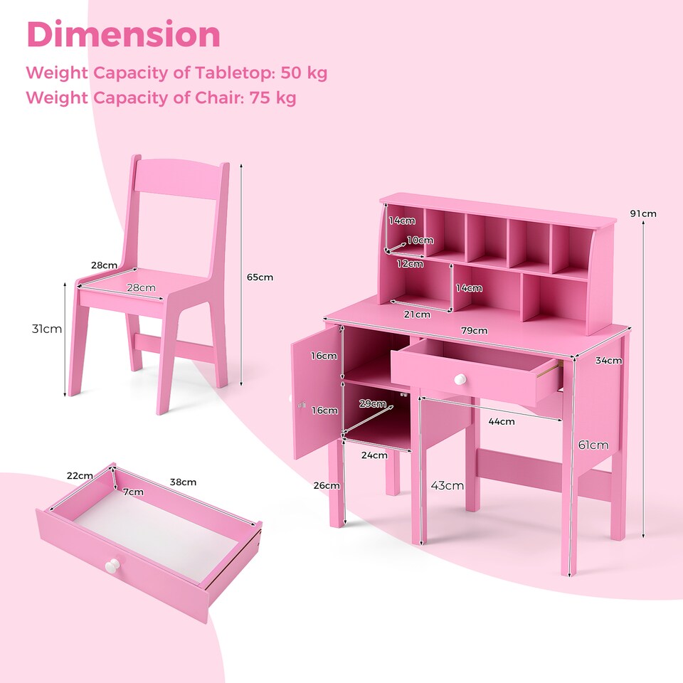 image 1 of COSTWAY Kids Study Desk and Chair Set Children Wooden Craft Table & Chair-Pink