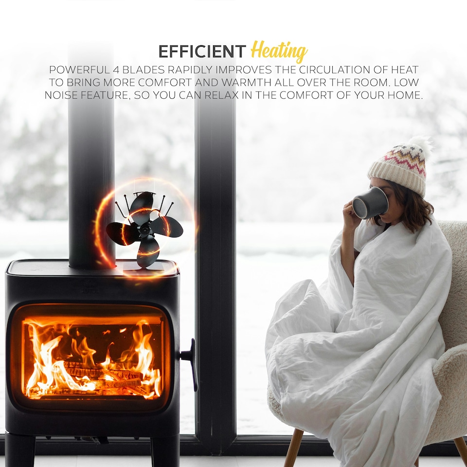 image 1 of MONHOUSE Heat Powered Stove Fan - 4 Aluminum Alloy Blades - Eco Friendly Log Burner Fan with Overheat Protection - Silent & Efficient Heat Distribution