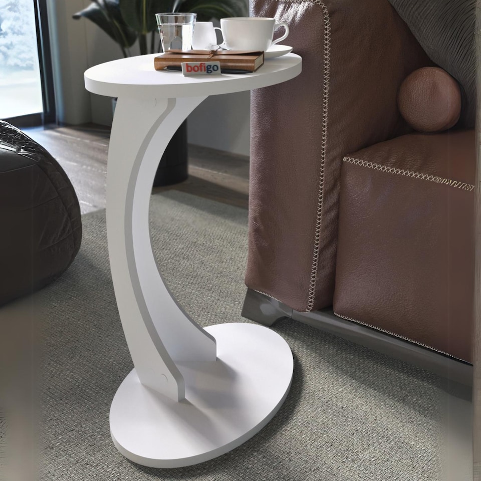 image 1 of C Shaped Sofa Side Table With Wooden Top | White | White | 1