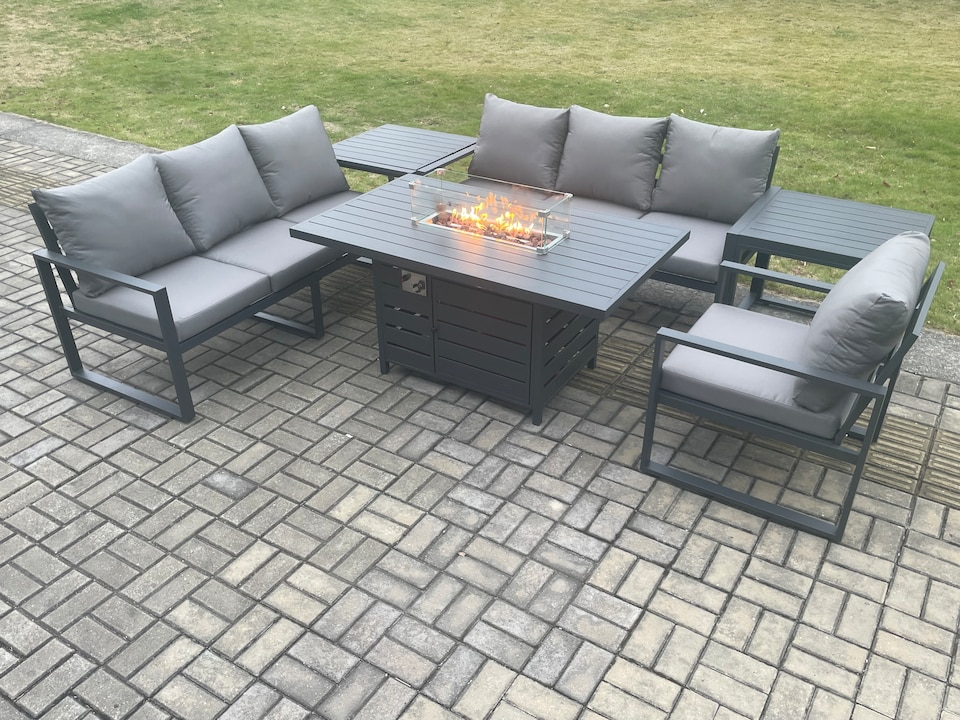 image 1 of Fimous Aluminium Outdoor Lounge Sofa Garden Furniture Sets Gas Fire Pit Dining Table Set with 2 Side Tables Dark Grey