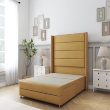 Sloomy Sterling Mustard Plush Divan Bed Base No Drawers With 54 Inch Wingback Headboard & 12 Inch Matching Footboard | Gold | Mustard | Double | 1
