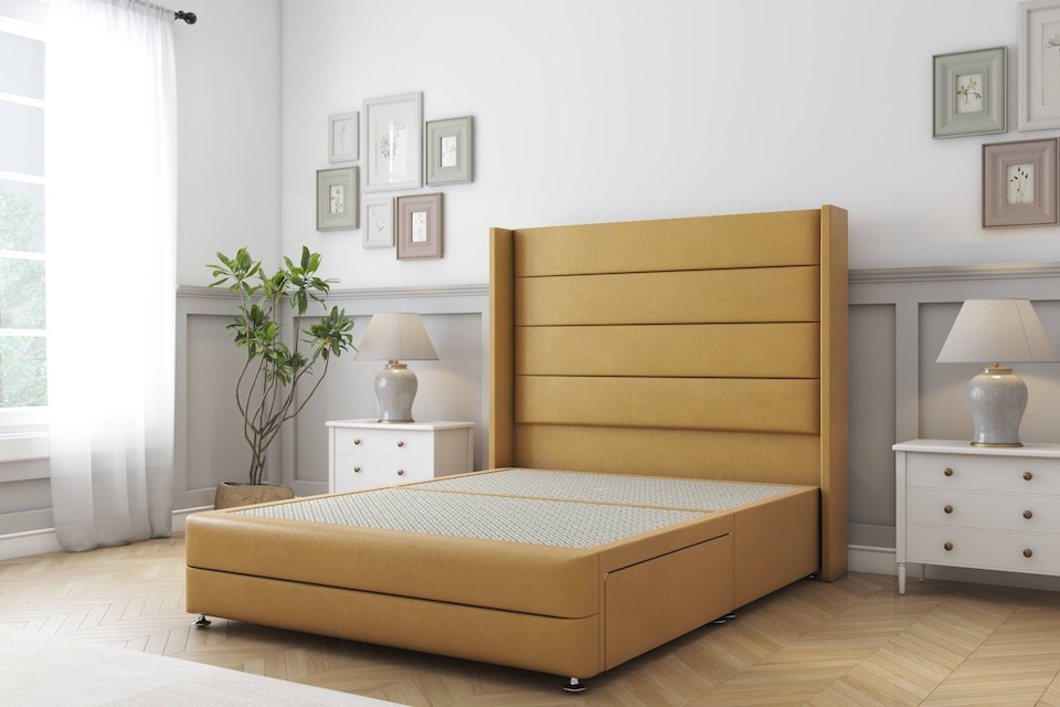 image 1 of Sloomy Sterling Mustard Plush Divan Bed Base No Drawers With 54 Inch Wingback Headboard & 12 Inch Matching Footboard | Gold | Mustard | Double | 1