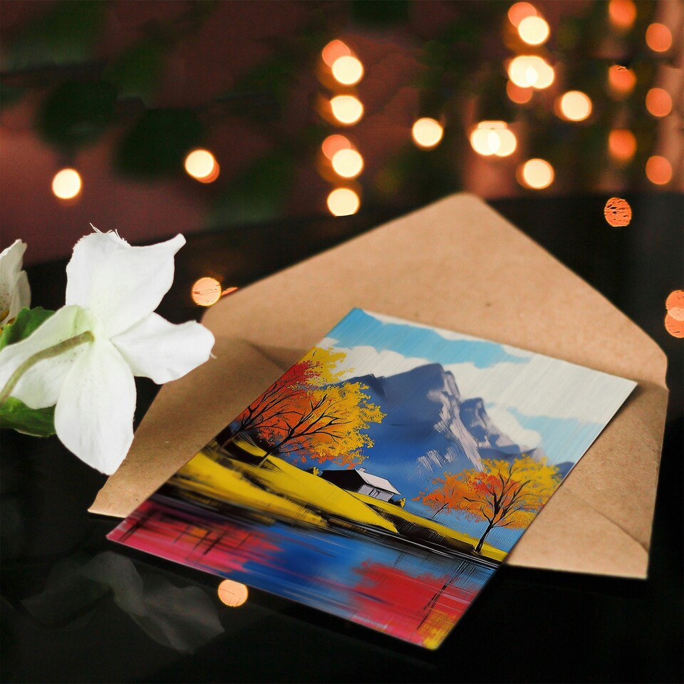 image 1 of Lakehouse Cottage Mountain Lake Autumn Landscape Birthday Greeting Card