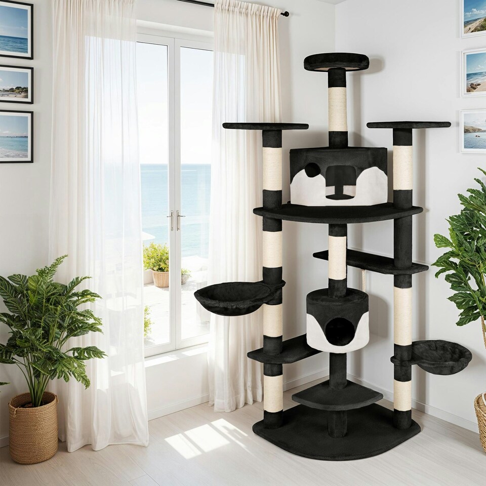 image 1 of Cat Tree Nelly - 204 cm tall, sisal scratching posts, toy & anti-tip protection - Black/White