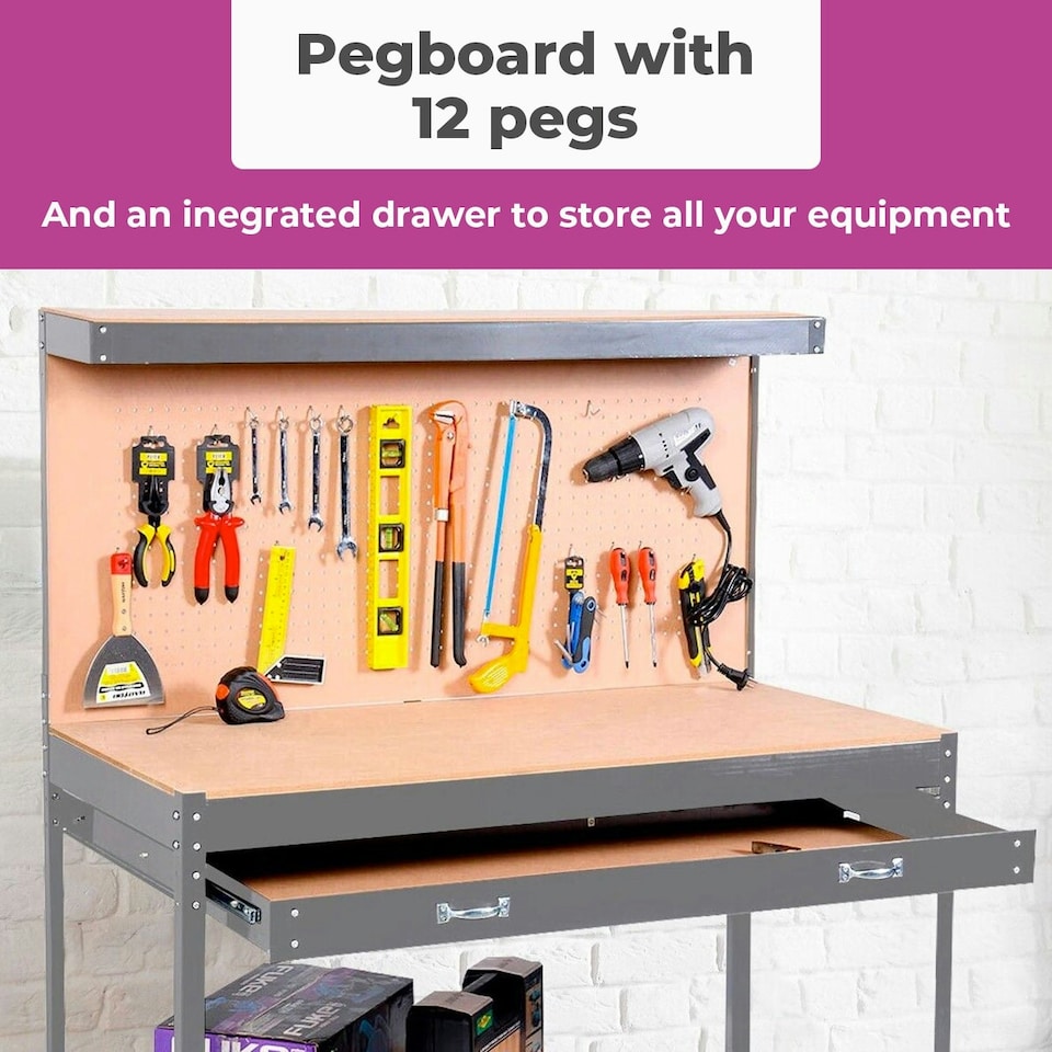 image 1 of Grey Workbench Heavy-Duty Steel Pegboard Drawer Grey