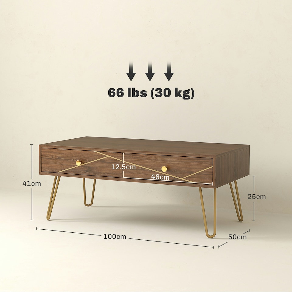 image 1 of HOMCOM Coffee Table with Drawers, Living Room Table with Steel Base Brown