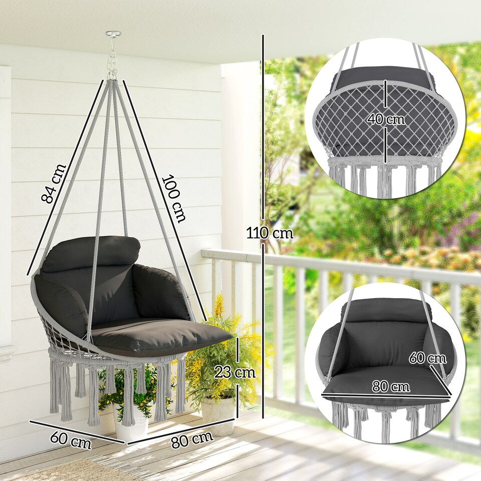 image 1 of Outsunny Hanging Chair Outdoor Hammock Chair with Soft Cushion, Cotton Rope Boho Style Swing Chair, Hanging Garden Swing Seat for Indoor Outdoor, Dark Grey | Grey | Dark Grey