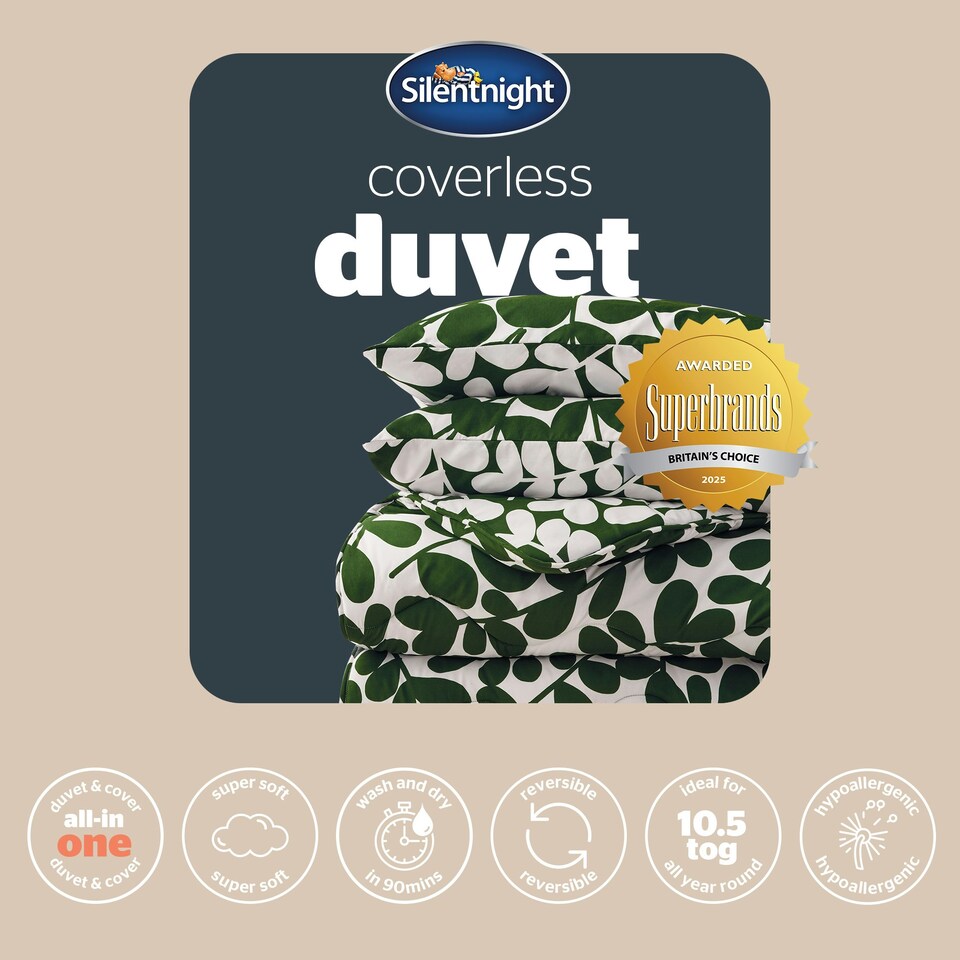 image 1 of Silentnight Coverless 10.5 Tog Duvet and Pillowcase Set, Leaf Print Green | Double