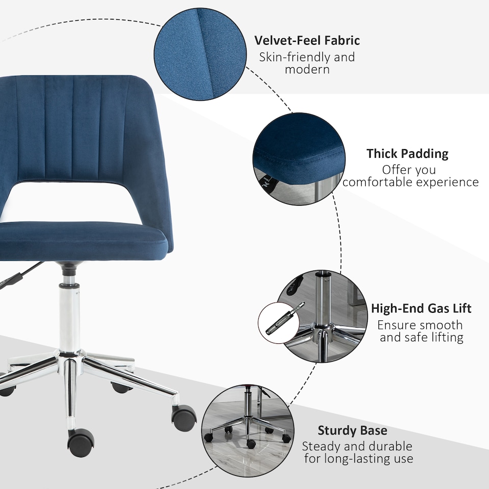 image 1 of Vinsetto Modern Office Chair, Velvet-feel Fabric Desk Chair with Wheels, Comfy Armless Swivel Vanity Chair for Makeup, Nail Tech, Bedroom, Dark Blue