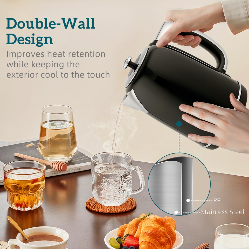 image 1 of HOMCOM Kettle and Toaster Set with LED Screen, 1.7L 3000W Retro Rapid Boil Jug Kettle with Keep Warm Memory Function, 2 Slice Toaster with 6 Browning Controls, Crumb Tray, Black | Black