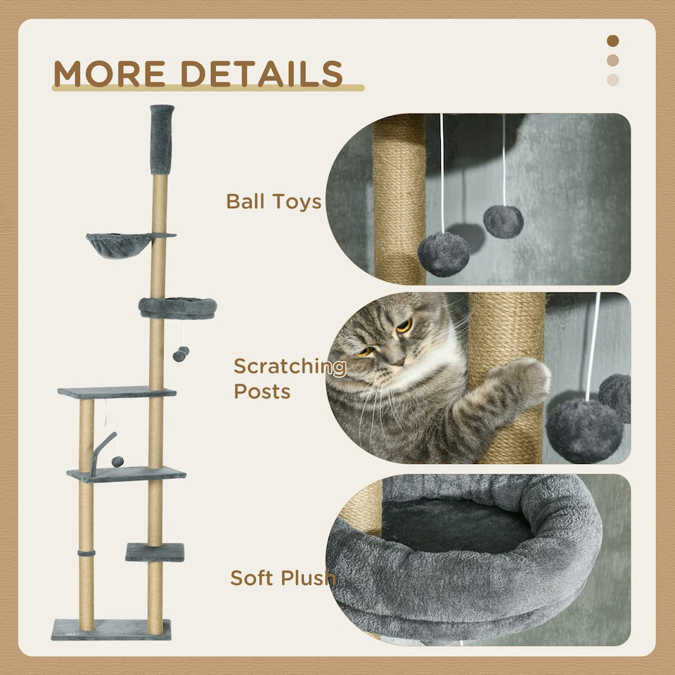 image 1 of PawHut Floor To Ceiling Cat Tree 6-Tier with Scratch Post Bed Hammock Grey