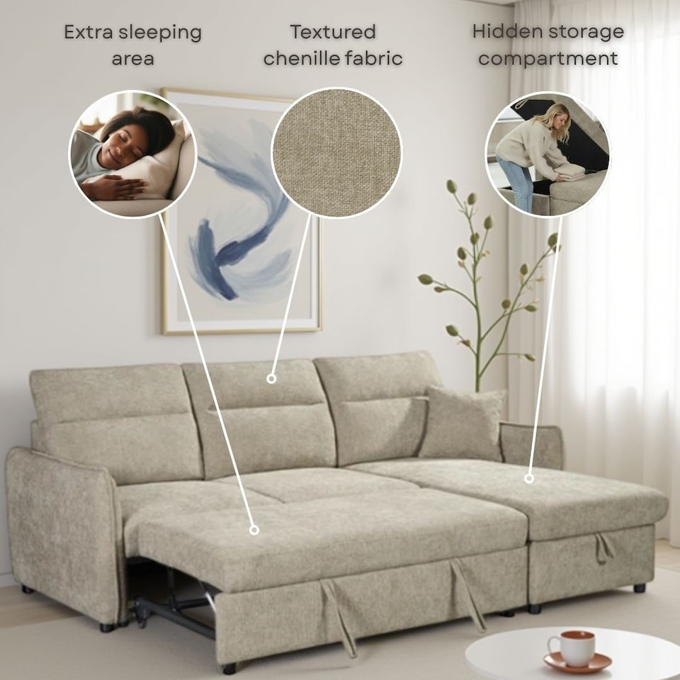 image 1 of Grey Chenille Fabric 2C1 Corner Sofabed with Storage ARCHIE