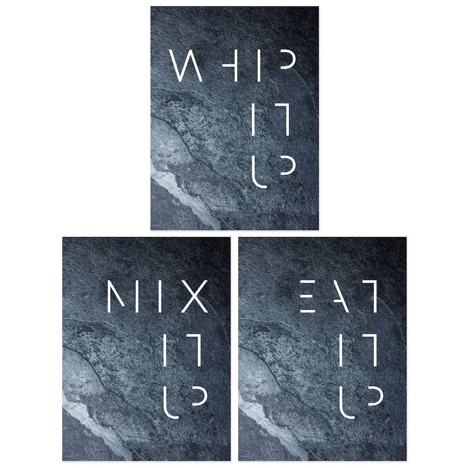 image 1 of Set of 3 Whip Mix Eat It Up Grey Slate Kitchen Quote Minimal Wall Art Print A4