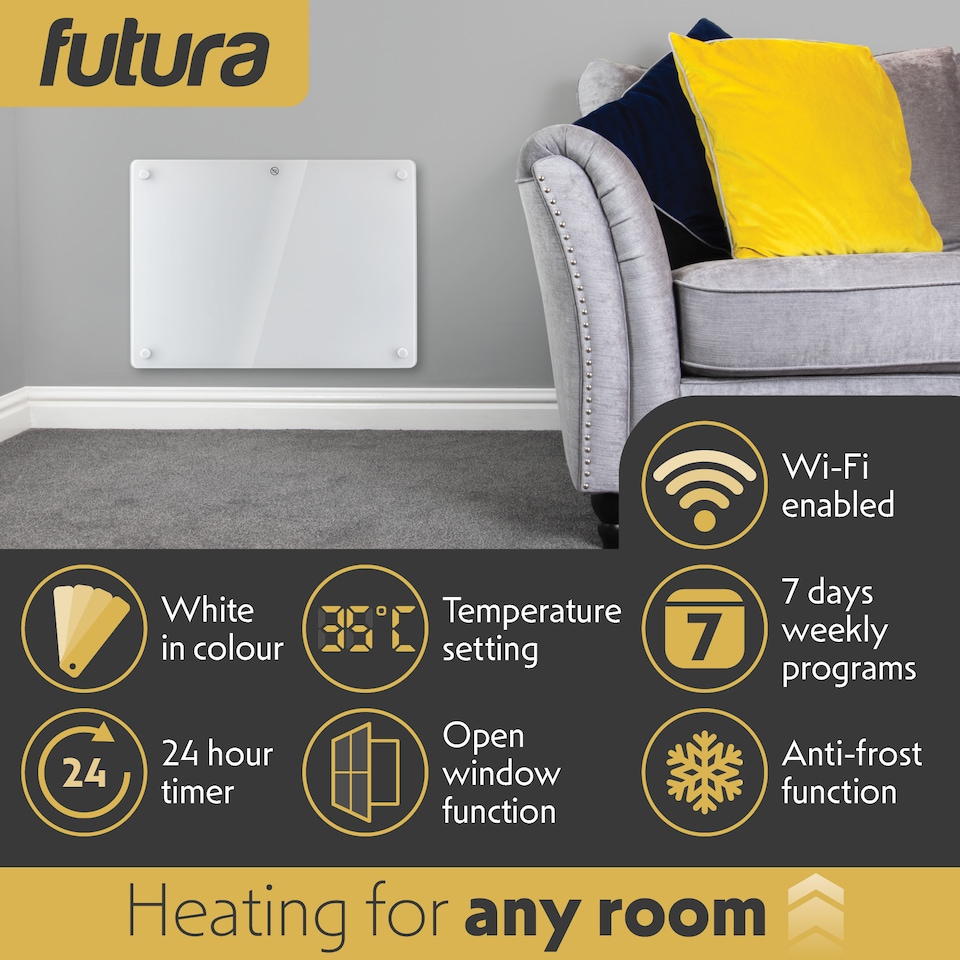 image 1 of Futura 1000W Smart Wifi Heater Electric Panel Wall Mounted White Glass Radiator | White | White | 1