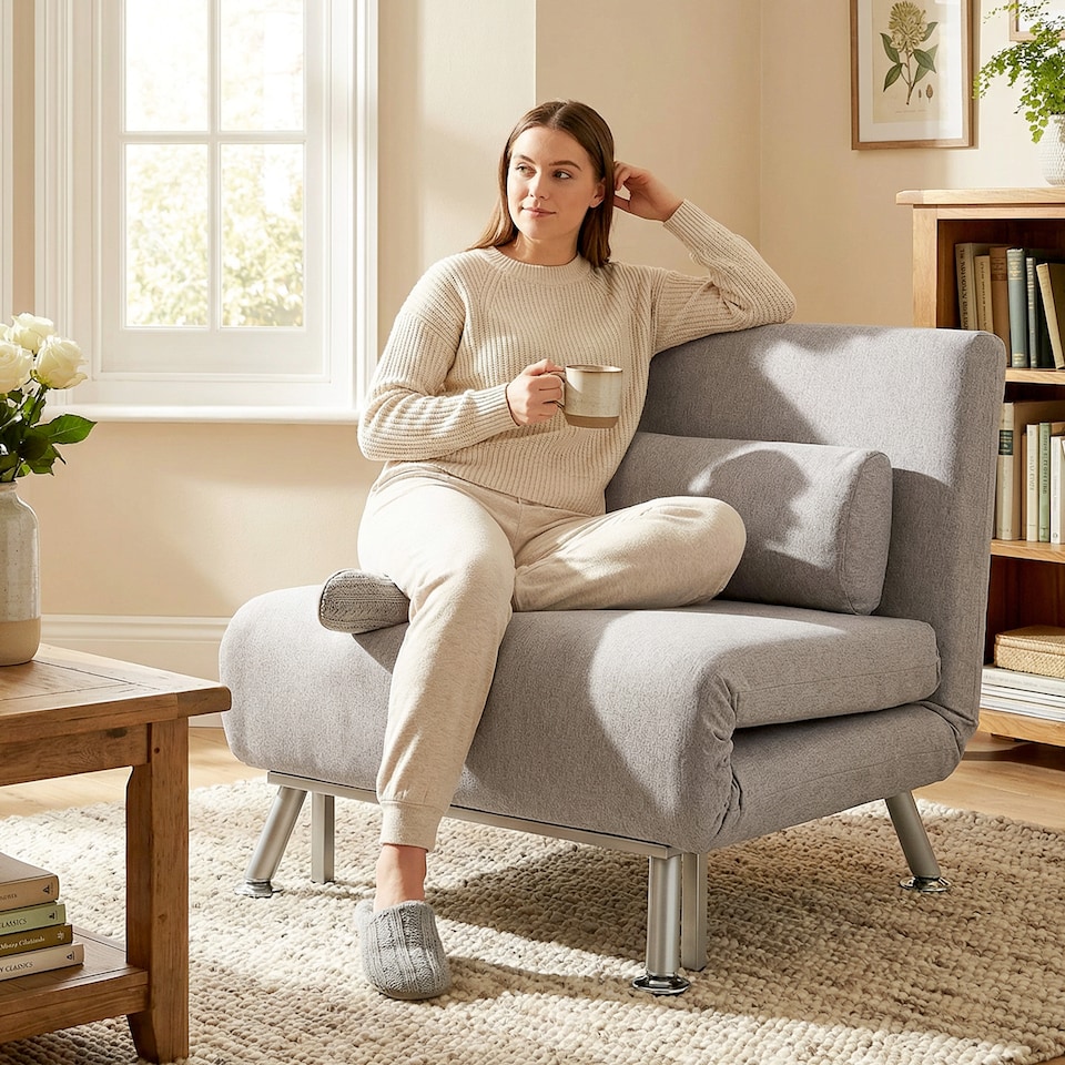 image 1 of HOMCOM Folding 5 Position Convertible Sleeper Chair Sofa Bed Grey Silver