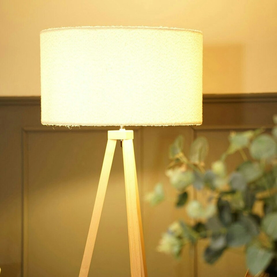 image 1 of ValueLights Barbro Wood Tripod Floor Lamp Cream Boucle Shade