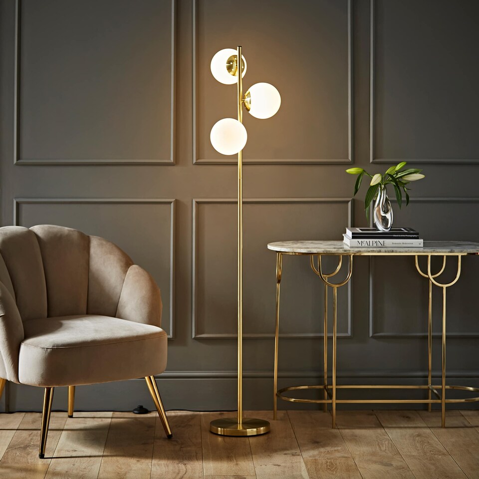 image 1 of ValueLights Jas 3 Gold Metal Floor Lamp White Frosted Glass Shades | Gold | White