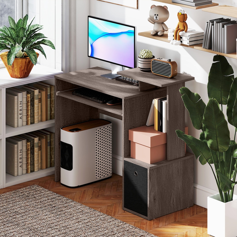 image 1 of HOMCOM Computer Desk with Sliding Keyboard Tray Storage Drawer Shelf Home Office Workstation Grey