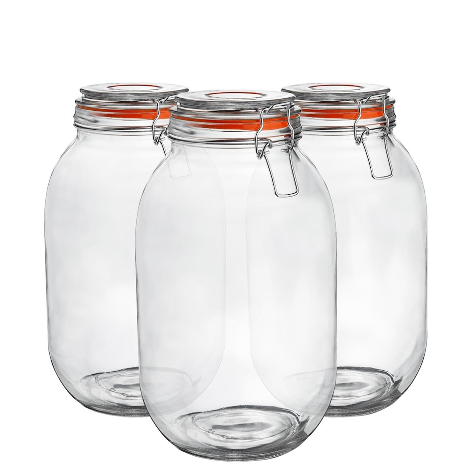 image 1 of Argon Tableware Glass Storage Jars - 3 Litre - Set of 6 - 4 Colour Seals Airtight Kitchen Storage Container Preserving Jar