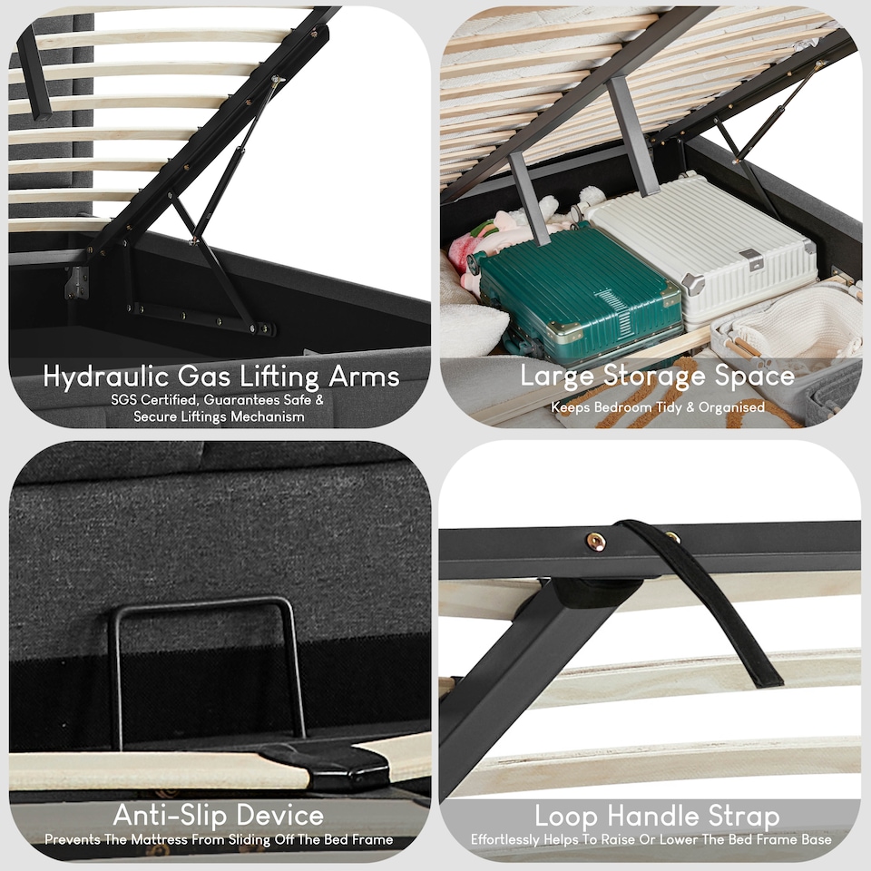 image 1 of Vida Designs Vanita 4ft6 Double Ottoman Bed Storage Fabric Upholstered, Dark Grey, 135 x 190cm