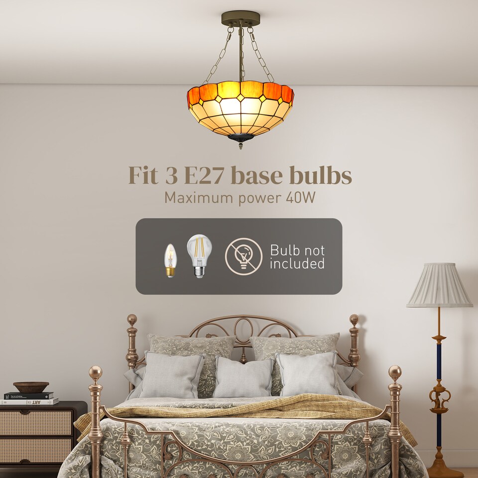 image 1 of HOMCOM 40 cm Tiffany Style Ceiling Light, Vintage Stained Glass Chandelier with 3 E27 Sockets, Semi Flush Mount Pendant Light for Living Room, Bedroom, Hallway, Bulbs Not Included, Orange and White | Orange