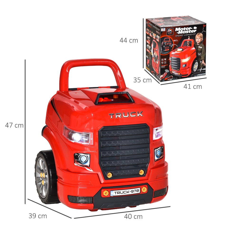 image 1 of HOMCOM Kids Truck Engine Toy Set, Toddler Educational Car Service Station Playset, Take Apart Workshop, with RC Car Key, Steering wheel, Horn, Light, for 3-5 Years Old Red