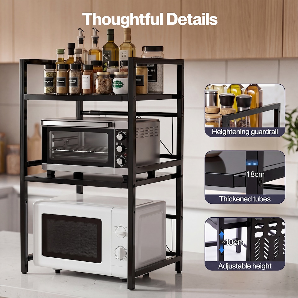 image 1 of TOQUE 3 Tier Expandable Microwave Oven Rack Stand Kitchen Storage Shelf Black