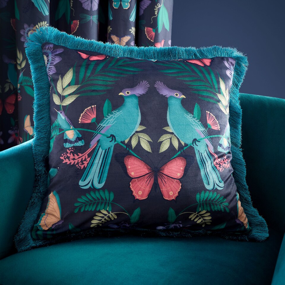 image 1 of Catherine Lansfield Mya Tropical Birds Cushion | Blue | Navy Blue | 45x45cm