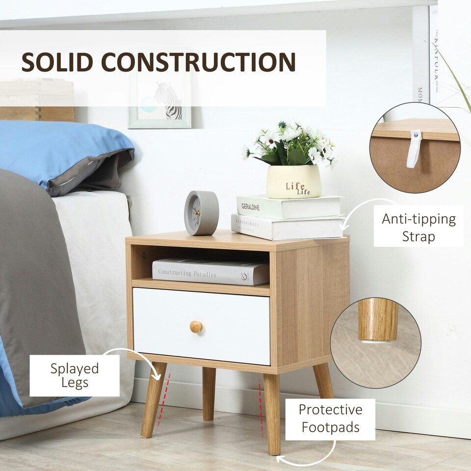 image 1 of HOMCOM Bedside Table Modern Nightstand Bedside Cabinet w/ Drawer Shelf Natural