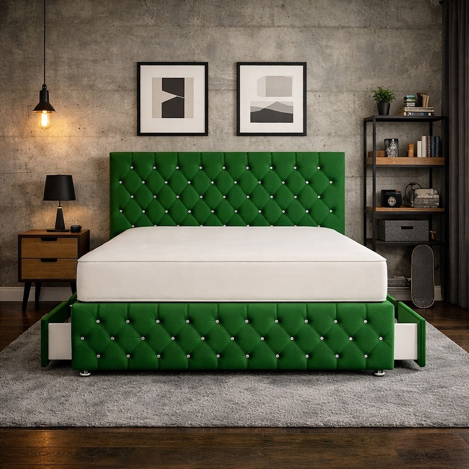 image 1 of 2FT6 Small Single Green Plush Velvet Divan Bed With Headboard & Footboard and Memory Sprung Mattress 2 Drawers Right Side Laying in Bed