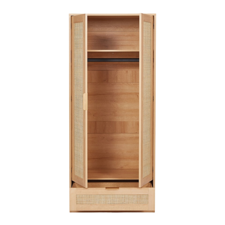 image 1 of 2-Door Rattan Wardrobe Closet Armoire with Drawer and Hanging Rack - W80xD55xH185 CM - Natrual