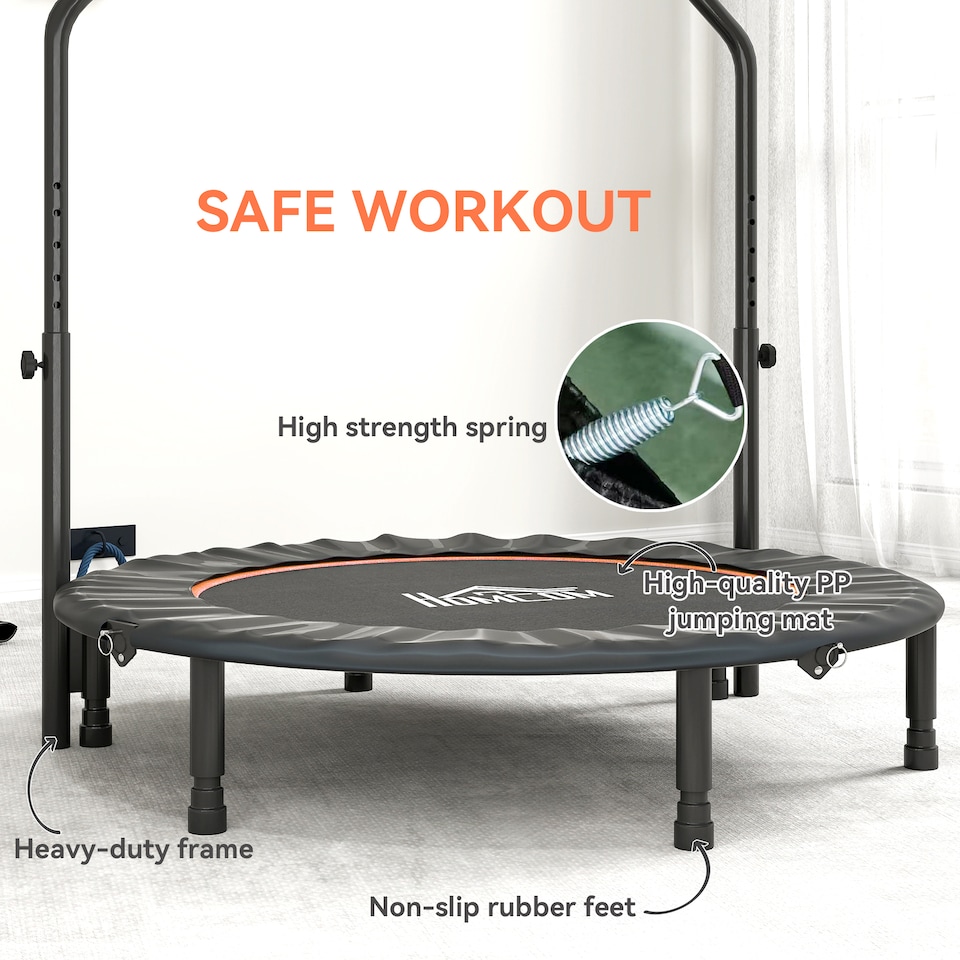 image 1 of HOMCOM 48" Foldable Mini Trampoline Fitness Trampoline Rebounder for Adults with Adjustable Foam Handle, for Indoors, Outdoors, Cardio Training, Orange | Orange