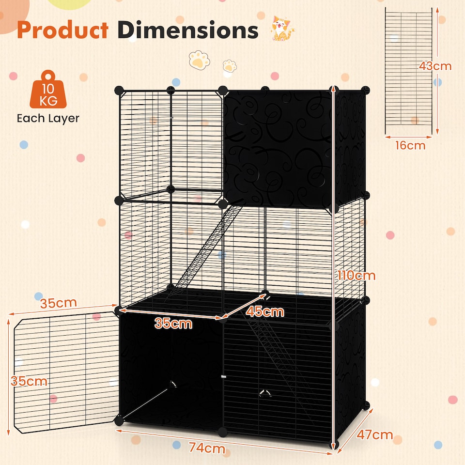 image 1 of COSTWAY Large Cat Cage 3-Tier Indoor Metal Wire Kitten Enclosure-Black