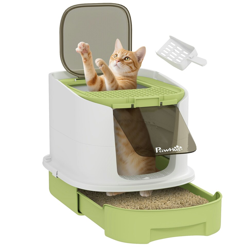 image 1 of PawHut Cat Litter Box, Hooded Cat Litter Tray with Lid, Scoop, Green Grey | One Size
