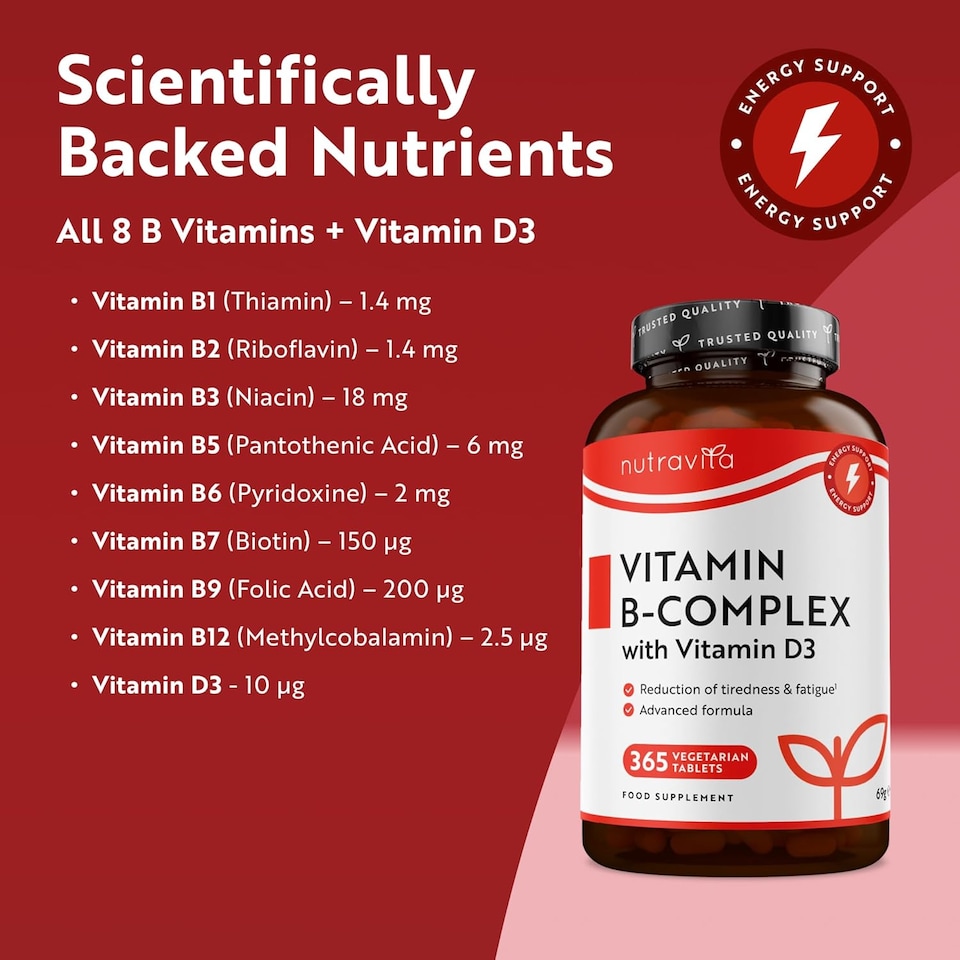 image 1 of Nutravita Vitamin B Complex High Potency - 8 Vitamins B1-B2-B3-B5-B6-B12, Biotin, Folic Acid & VIT D3 - 365 Micro Tablets - 1 Full Year Supply