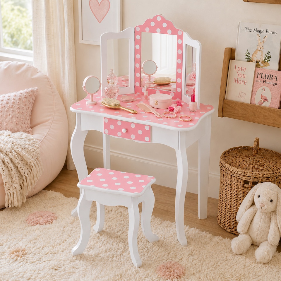 image 1 of Teamson Kids Play Vanity with Stool, Gold & White Polka Dots, Gisele