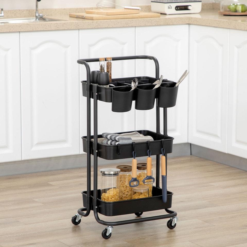 image 1 of HOMCOM 3 Tier Utility Rolling Cart, Kitchen Cart with 3 Removable Mesh Baskets, 3 Hanging Box, 4 Hooks and Dividers for Living Room, Laundry, Garage, Black