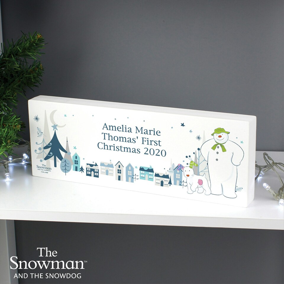 image 1 of Personalised The Snowman and the Snowdog Wooden Mantel Decoration