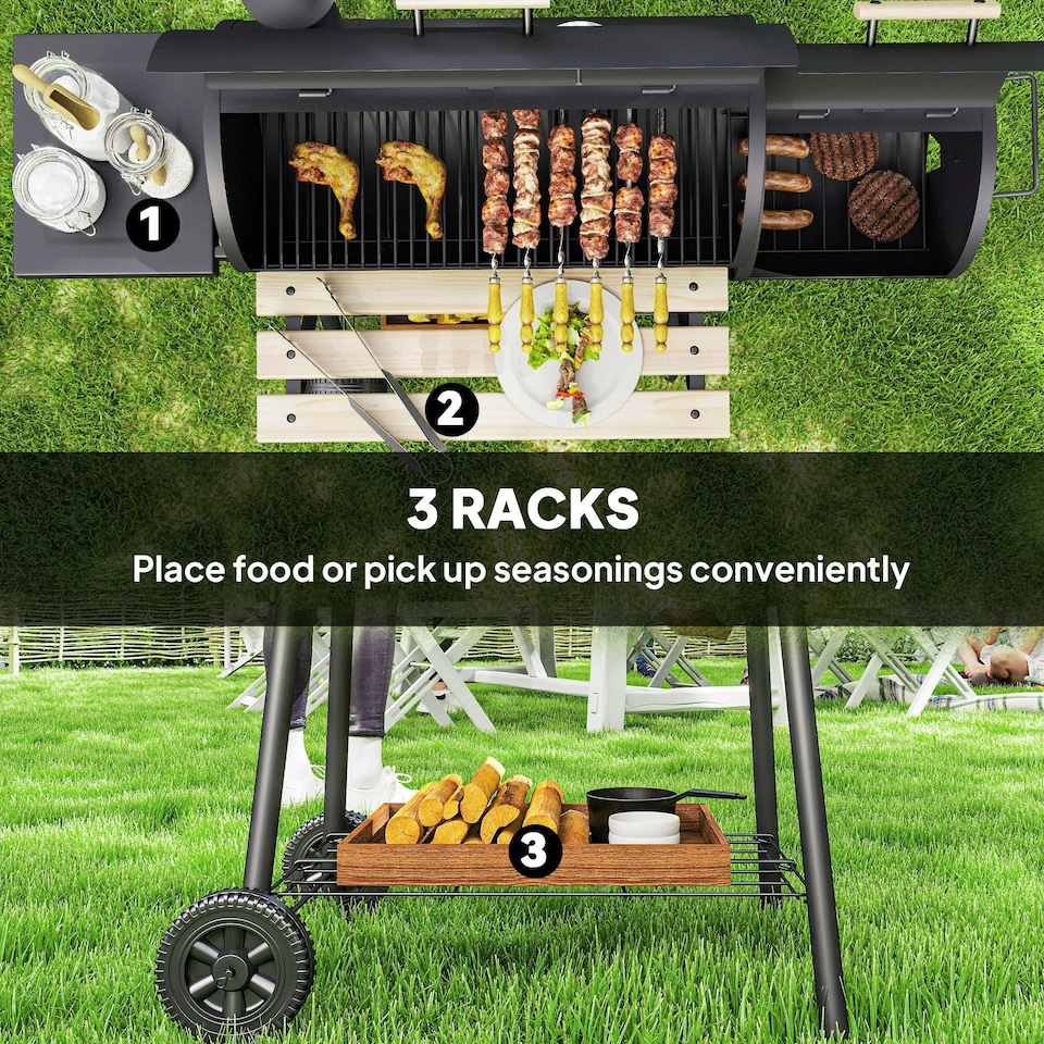 image 1 of Outsunny Portable Charcoal BBQ Grill Steel Offset Smoker Combo Backyard