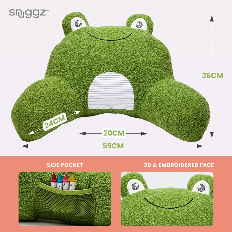 image 1 of Snuggz Frog Cuddle Cushion with Side Pocket with Carry Handle 3D Novelty Design Back Support Soft Cosy Bed Pillow - 59 x 36 x 34 cm