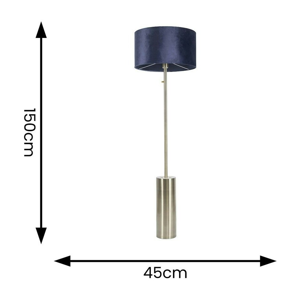 image 1 of ValueLights Lexy Navy Blue Velvet Drum Shade with Antique Brass Dimmable Floor Lamp with LED Bulb Blue
