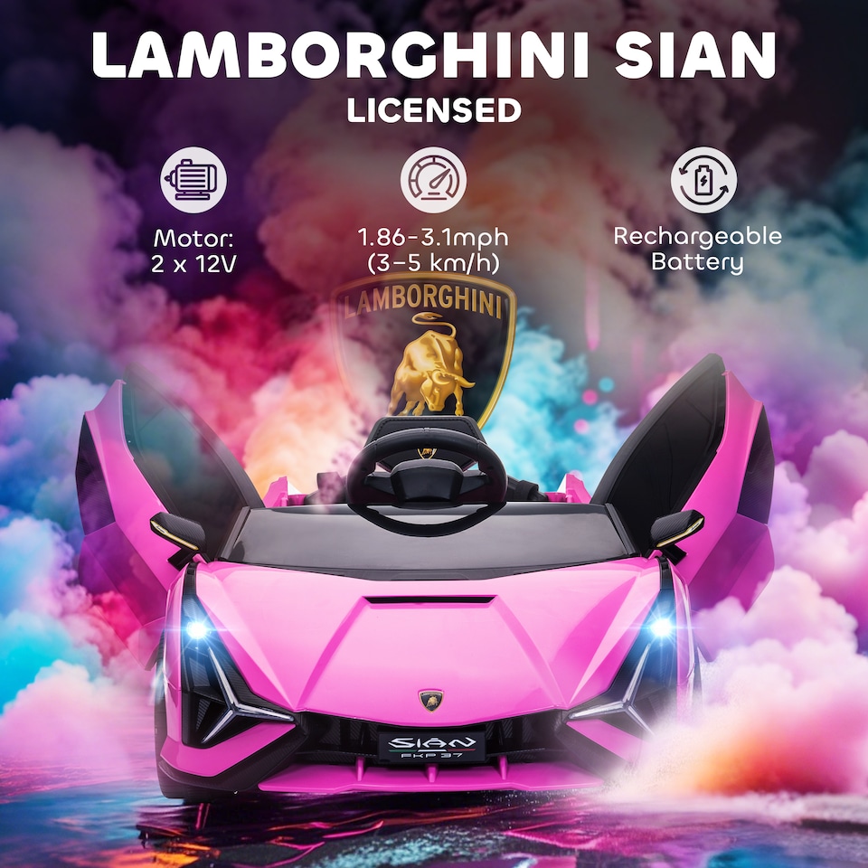 image 1 of HOMCOM Lamborghini Sian Licensed 12V Electric Car for Kids 2 Motors Toy Car with Remote Control Music Lights MP3 for 3-5 Years Pink