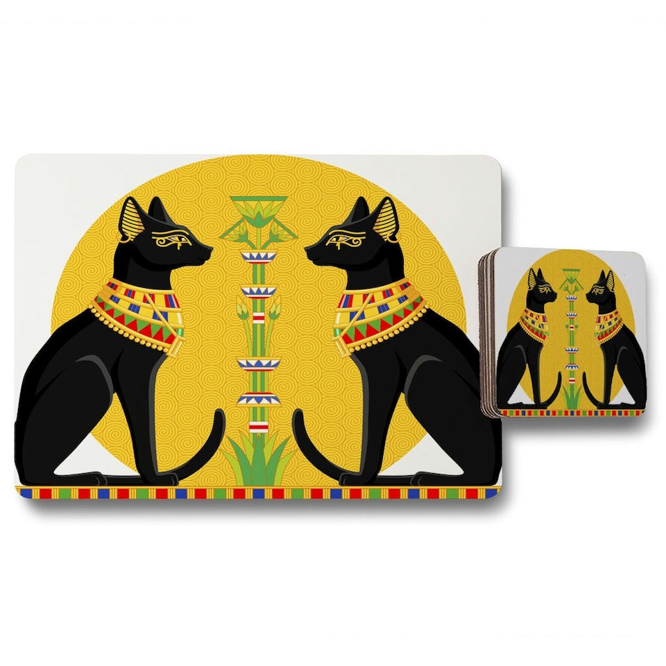 image 1 of Illustration of Black Egyptian Cats with Papyrus (Placemat & Coaster Set)