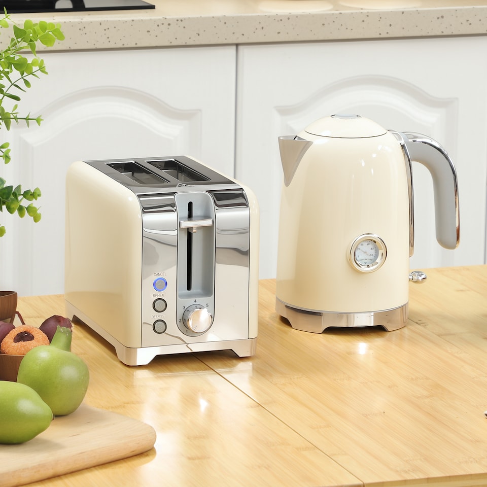 image 1 of HOMCOM Kettle and Toaster Set with Temperature Gauge, Crumb Tray, Cream | Cream