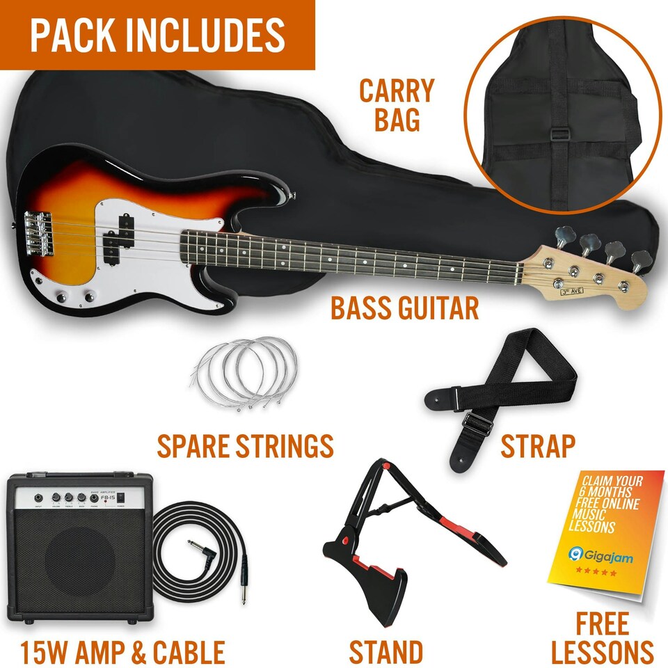 image 1 of 3rd Avenue Electric Bass Guitar Pack with Amp | White